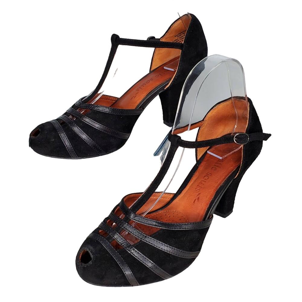 Gentle Souls Black T-Strap Heels